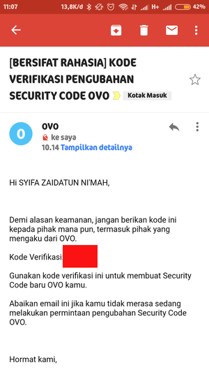 cek email dari OVO dan masukkan kode yang diterima ke aplikasi OVO
